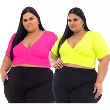 Kit 2 Cropped Manga Bufante Feminino Plus Size Neon Tndência