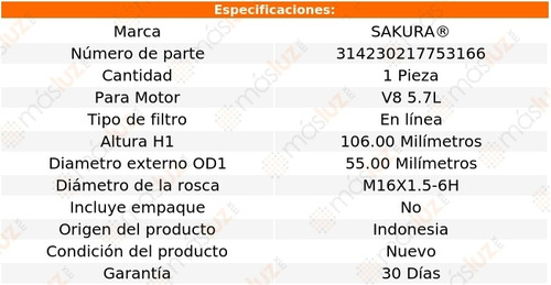 (1) Filtro Combustible Chevrolet Sonora 8 Cil 5.7l 01 Sakura Foto 2