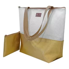 Bolsa De Praia Com Necessaire Ouro Acambamento Dos Ferragens Níquel Cor Ocre Cor Da Correia De Ombro Bege Desenho Do Tecido Liso