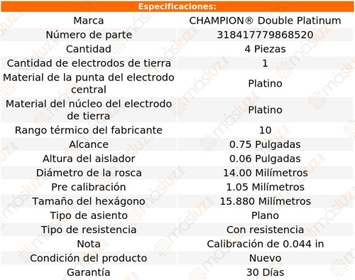 Set 4 Bujas Doble Platino Rocky L4 1.6l 90/92 Champion Foto 2