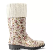 Bota Galocha Feminina Floral Com Polaina Crua Estampa Flores