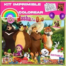 Kit Imprimible Masha Y El Oso Editable + Kit Para Colorear