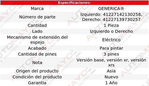 1 Espejo Izq O Der Elect P/pintar 3 Pines Matrix 03-08 Foto 2