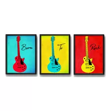 3 Quadros Guitarra Pop Art Born To Rock Musica Decoracao