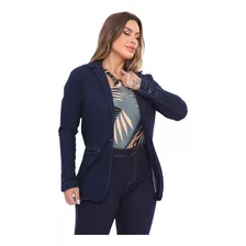 Blazer Feminino Jaqueta Jeans Escuro C Lycra Slim Acinturado