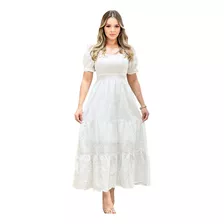 Vestido Em Lese Maxi Midi Algodão Com Manga Princesa Forrado