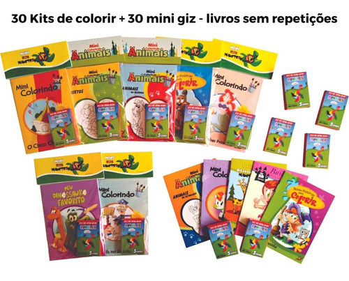 30 Kits Livros De Colorir Atividades Variados + 30 Mini Giz