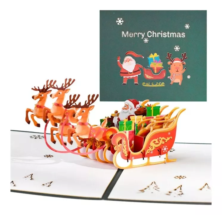 Cartão De Natal 3d Luxo Trenó Papai Noel