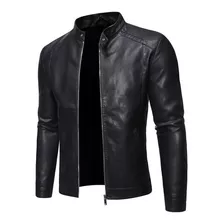 Chamarra De Cuero Para Hombre, Motociclista, Cuello Alto