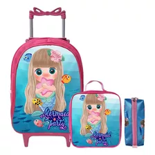 Mochila Infantil Menina Rodinha Lancheira Estojo Cor Sereia