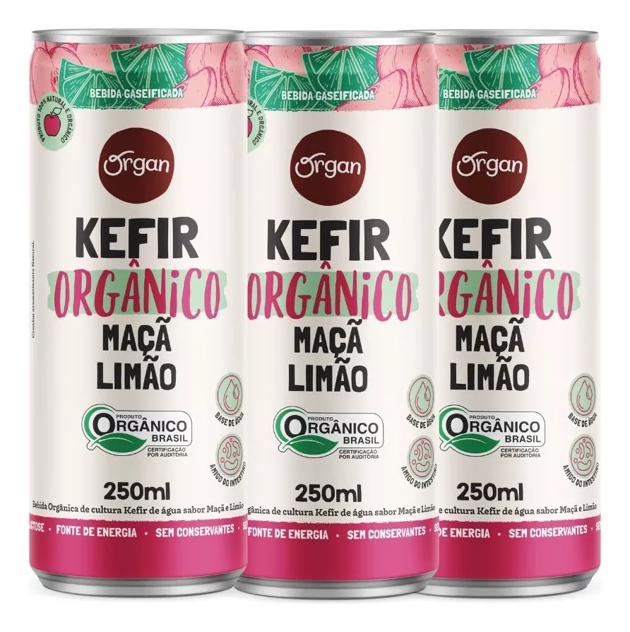 Kit 3 Kefir Orgânico Maçã Limão Levedura Probiótico 250ml