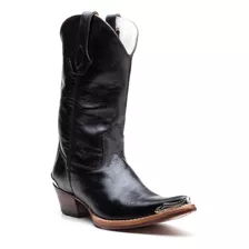  Bota Texana Masculina Couro Dallas Preto Lisa Com Biqueira 