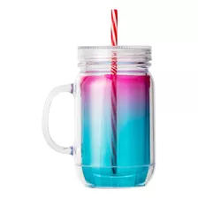 Copo Plástico Com Canudo 600ml - Degradê Rosa E Azul 