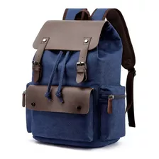 Mochila De Lona E Couro Legítimo Masculino E Feminino Cor Azul