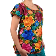 Blusa Bordada Ambos Lados Yucateco Negra Lino Modelo Frida 