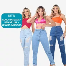 Kit 3 Calça Jeans Mom Feminina Cintura Alta Calca Wide Leg