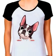 Camiseta Raglan Buldog Francês Cachorro Pet Dog Branca Fem12