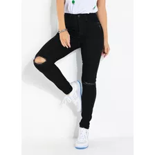 Calça Jeans Feminina Skinny Preta Com Lycra Rasgo No Joelho