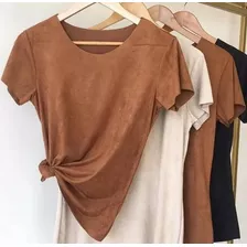 Blusa Suede Básica Feminina Aveludada Manga Curta Moda 