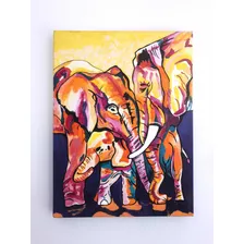 Cuadro Elefantes De Colores Pintado A Mano Con Acrílicos