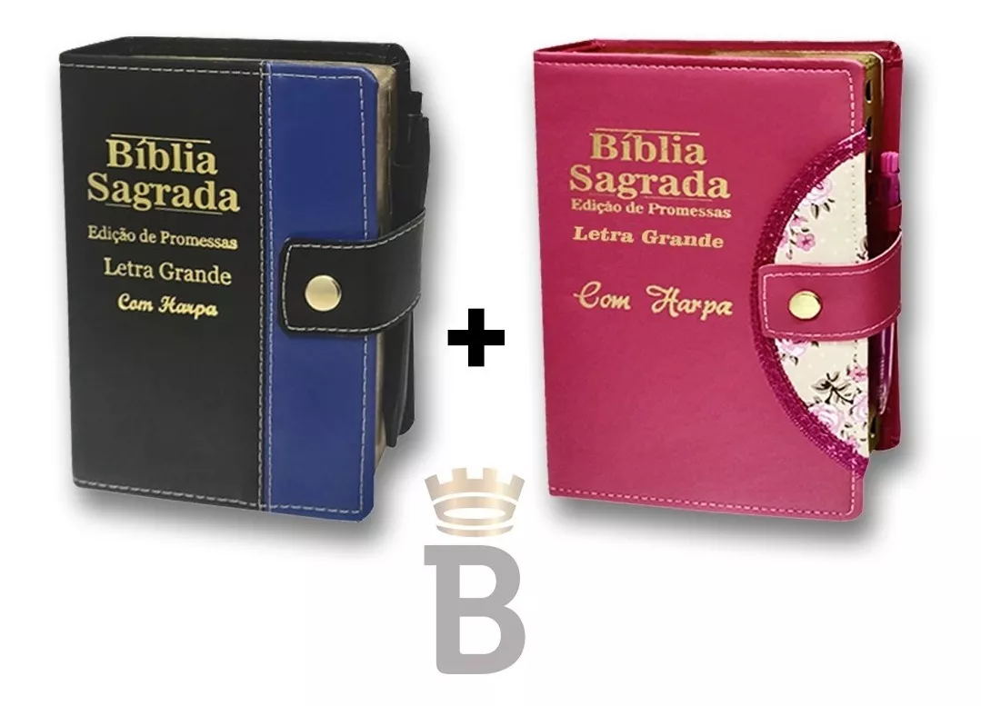 Kit 2 Bíblias Letra Grande Botão - Pink E Preto/azul E Harpa