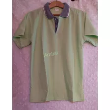 Remera Chomba De Hombre En Piqué Verde Lima, Cuello Gris 