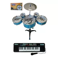 Super Kit Mini Bateria 5 Tambor Infantil + Piano Teclado 