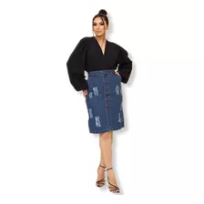 Saia Jeans Midi Feminina Evangélica Com Botões E Bolsos