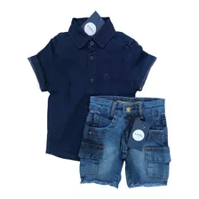 Conjunto Infantil Menino Bermuda Jeans Camisa Jeans 1 Ao 3 