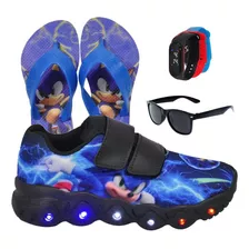 Tênis Infantil Masculino Led Sonic+ Chinelo+ Óculos+ Relógio