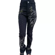 Calça Sarja Preta Bordada Cavalo Strass Glenda Alabama 528