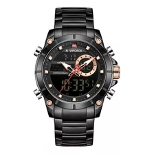 Reloj Naviforce 9163 Hombre Master Acero Inox + Estuche Correa Negro Bisel Plateado Fondo Negro