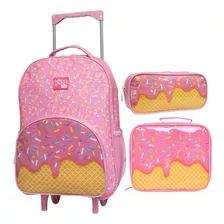 Kit Mochila Infantil Rodinha Menina Sorvete Escolar Estojo