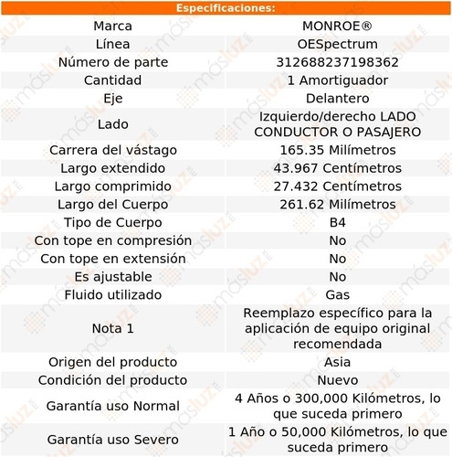 1) Amortiguador Oespectrum Gas Izq/der Del Sundance 89/94 Foto 3