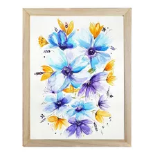 Acuarela De Flores Celestes Y Violetas Enmarcado Original