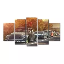 Quadro Mosaico 5 Peças Fila De Fusca Rebaixado Garagem