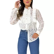 Blusa Feminina Gola Alta Cordão Renda Guipir Moda Evangelica