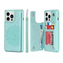 Funda Para iPhone 13 Pro Billetera Cuero Mandala Aqua