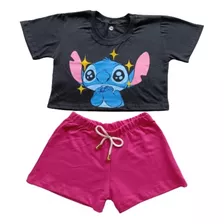 Conjunto Infantil Feminino Cropped Preto+short Lilo E Stitch