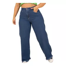Calça Jeans Wide Leg Plus Size Barra Desfiada Lisa Casual