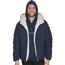 Jaqueta Calvin Klein Hoodie Matelassê Sherpa Azul Marinho