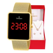 Relógio Champion Feminino Digital Quadrado Dourado Led Cor Do Fundo Led Vermelho