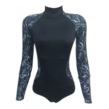 Maiô Lycra Manga Longa Preto Folhas Proteção Uv50 Esportes