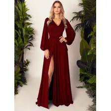 Vestido Longo Com Fenda, Manga Bufante Ox017