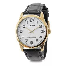 Relogio Casio Masculino Collection Couro - Mtp-v001gl-7budf Cor Da Correia Preto Cor Do Bisel Dourado Cor Do Fundo Branco