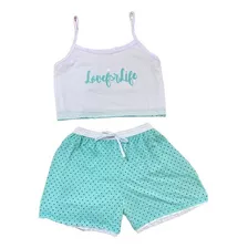 Pijama Baby Doll Cropped Verde Com Branco Love For Life