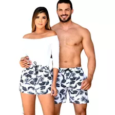 Kit Casal Short Moda Praia Bermuda Mozao Tactel Elastano Top