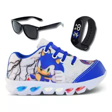 Tenis De Led Infantil Masculino Sonic + Relogio + Oculos