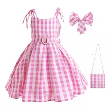 Vestido Barbie Infantil Xadrez Rosa Com Bolsa Tiara