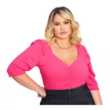 Cropped Com Decote Franzido Em Malha Canelada Plus Size